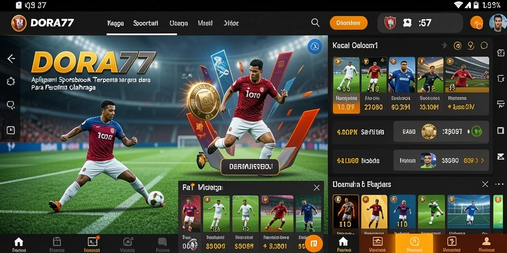 Screenshot utama DORA77 menampilkan antarmuka aplikasi Sportsbook yang menarik.