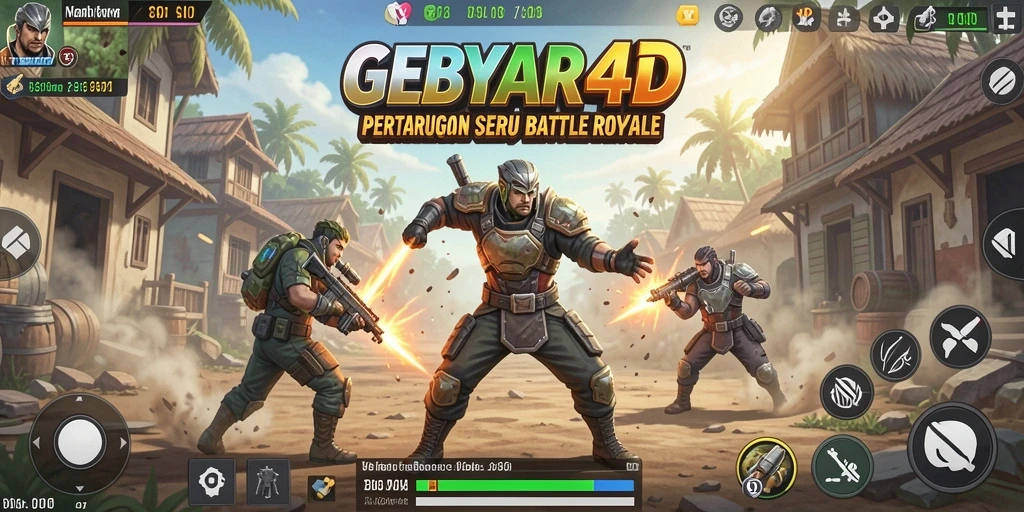 Screenshot utama GEBYAR4D menampilkan pertempuran intens di medan Battle Royale.