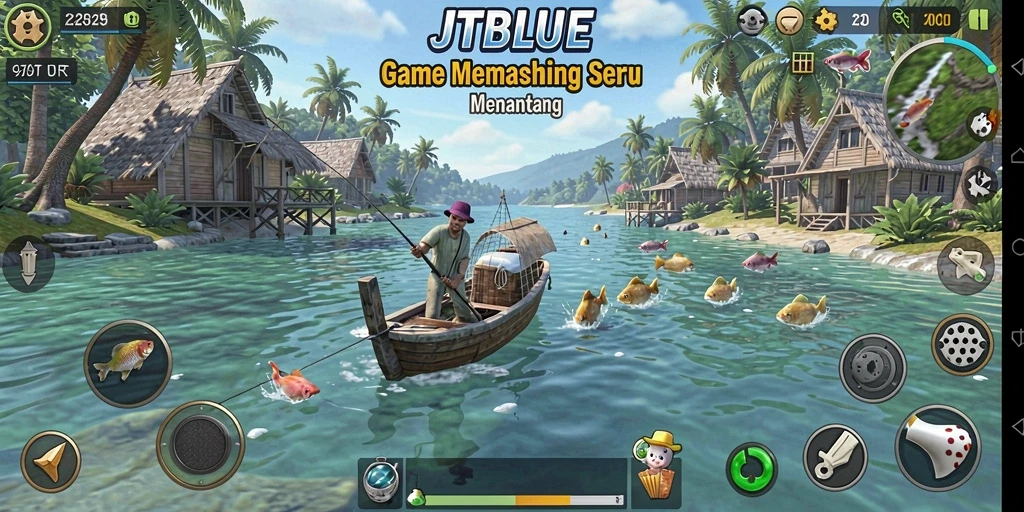 Screenshot gameplay JTBLUE menampilkan petualangan memancing yang seru.