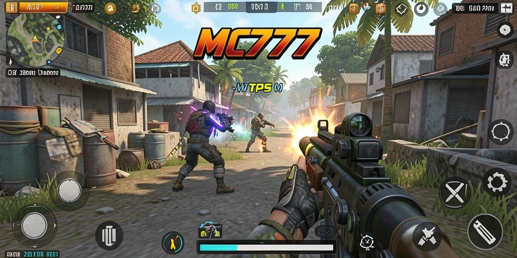 Screenshot gameplay MC777 menampilkan pertempuran seru dalam TPS.