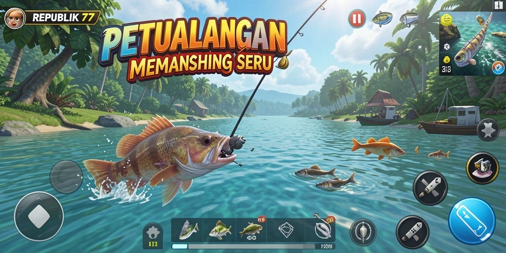 Tampilan gameplay seru dari REPUBLIK77 saat menangkap ikan.
