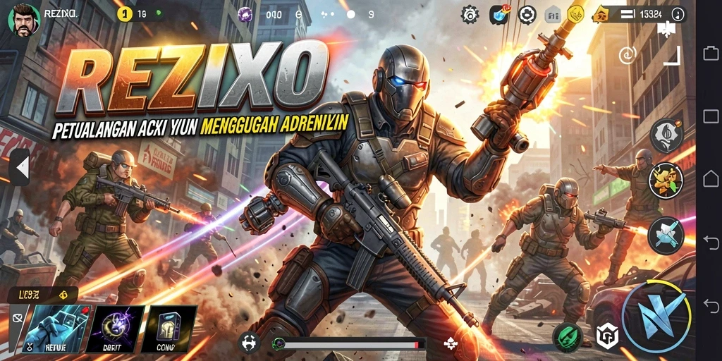 Screenshot utama REZIXO menampilkan aksi intens dan grafis yang memukau dalam gameplay.