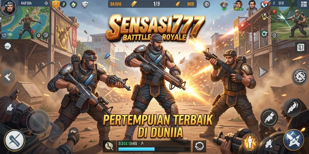 Screenshot gameplay SENSASI777 menampilkan aksi pertempuran Battle Royale yang mendebarkan.